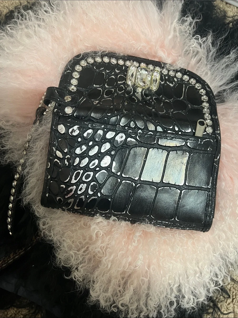 Raviani Black Embossed Croc Crystal-Embellished Women’s clutch